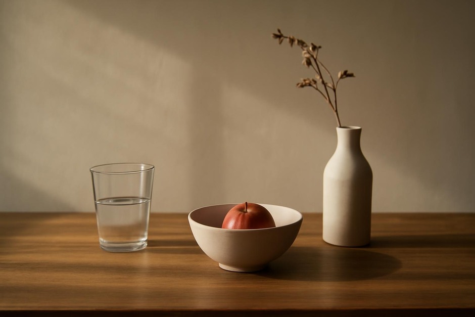 Soft morning light across a simple still life on a wooden table