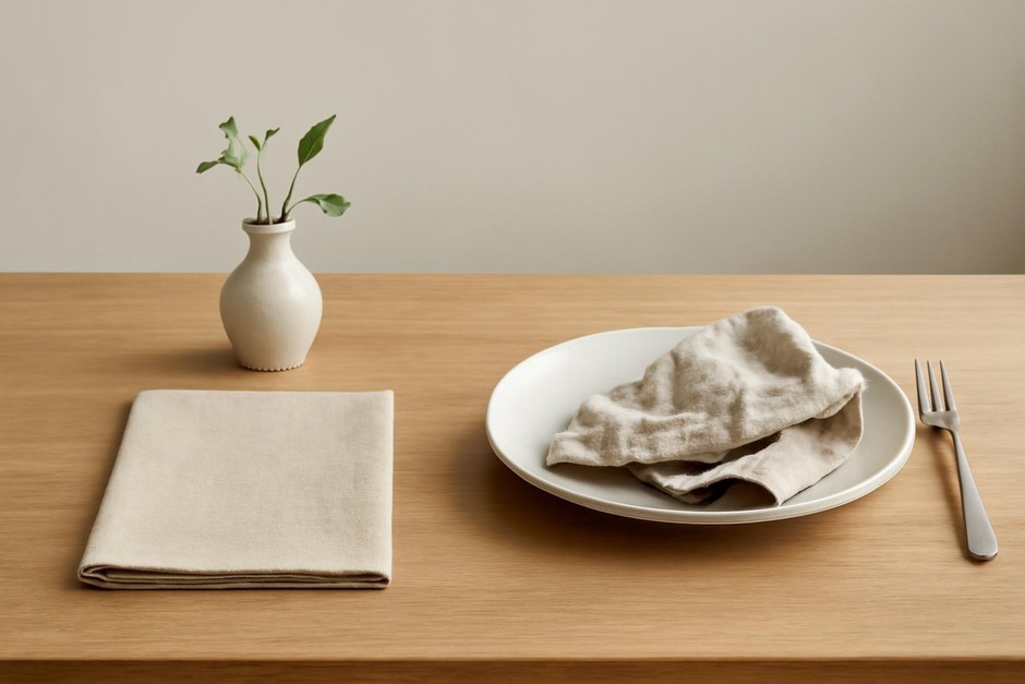 A simple tabletop with a linen napkin and a small vase next to a casually arranged plate