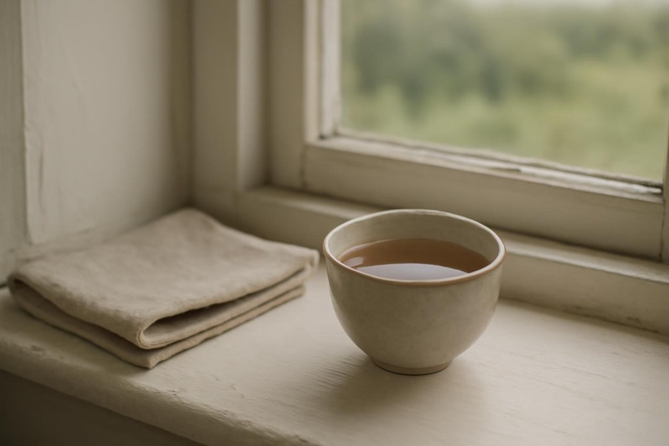 A small teacup on a windowsill beside a folded linen napkin
