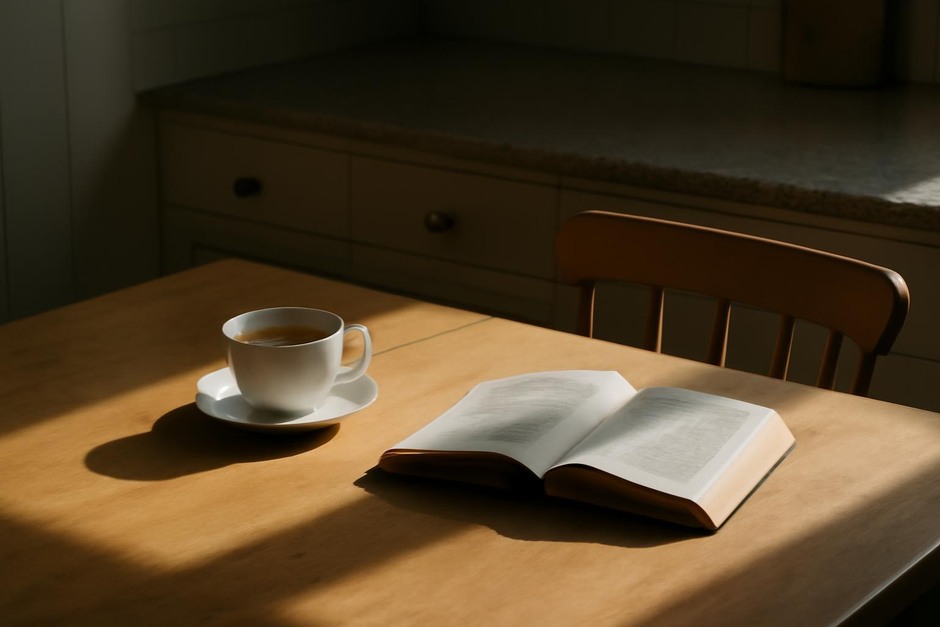 Sunlit kitchen table arranged with a teacup and book, half in shadow