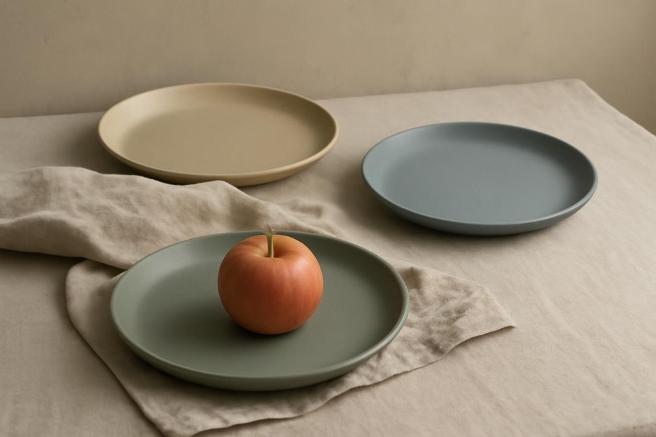 Simple tabletop arrangement with muted plates, linen, and a single fruit