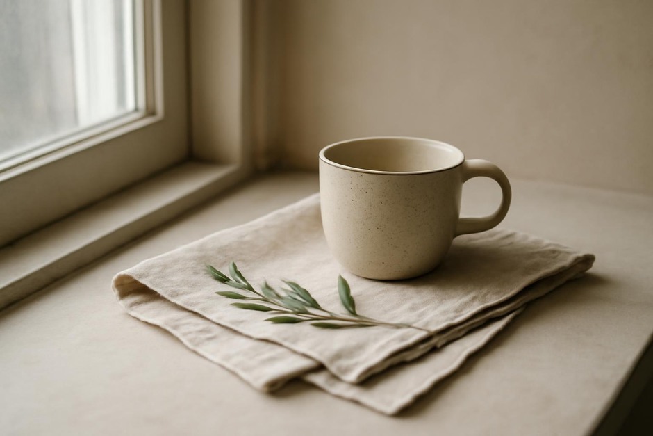 A small tabletop still life of a ceramic cup, folded linen, and a sprig on a windowsill, lit by soft side light.