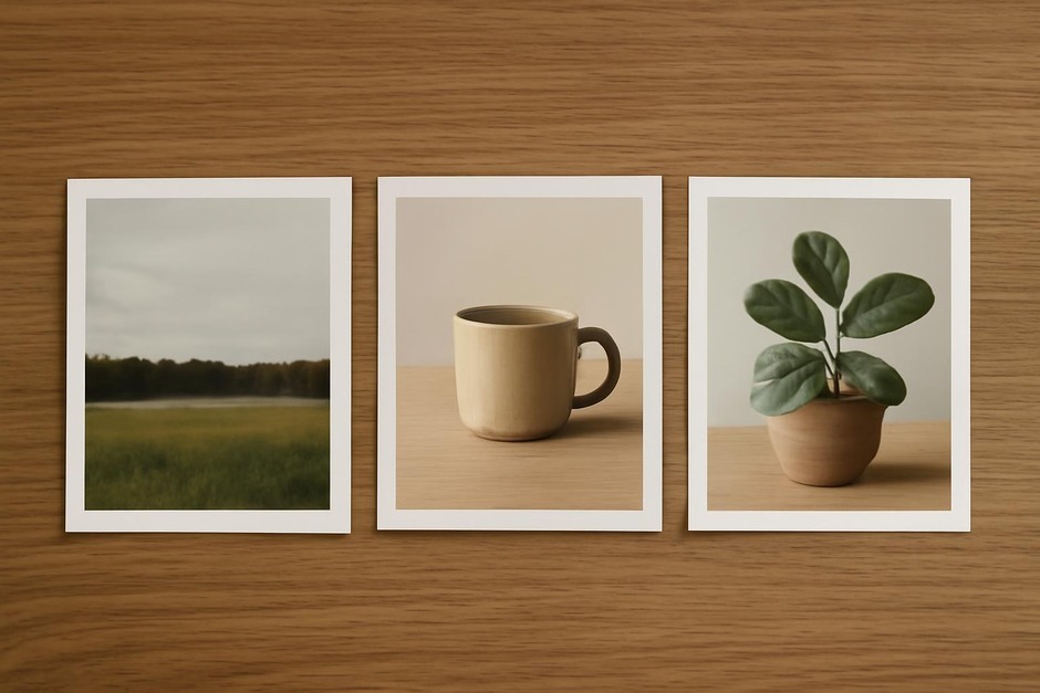 Three small photographs arranged as a calm triptych on a wooden surface
