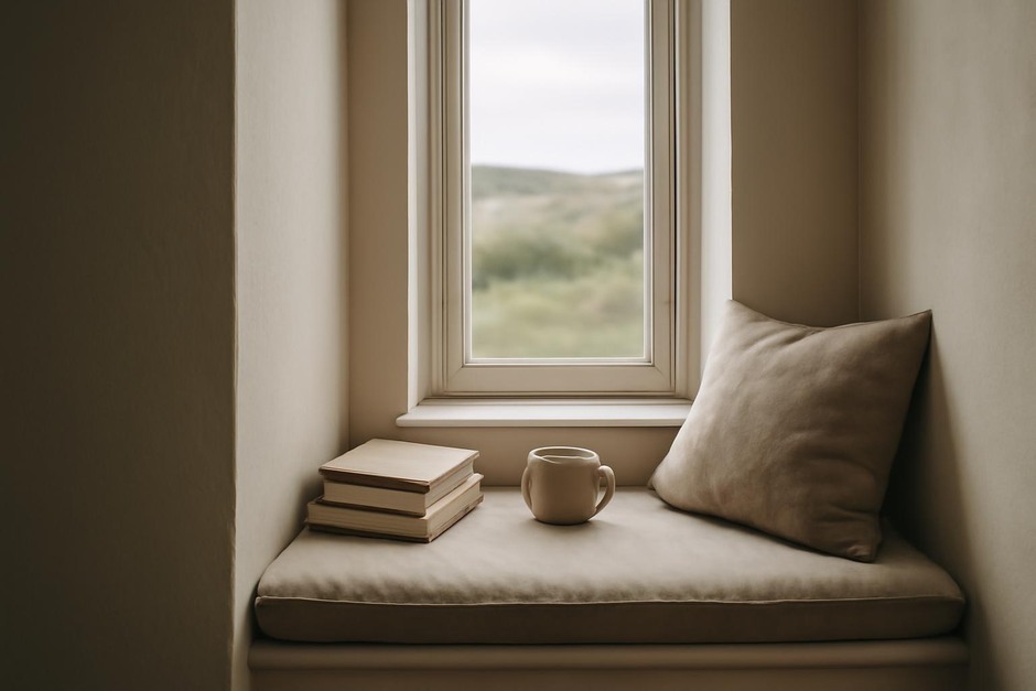 A narrow window alcove with a cushion, small stack of books, and a mug on the sill